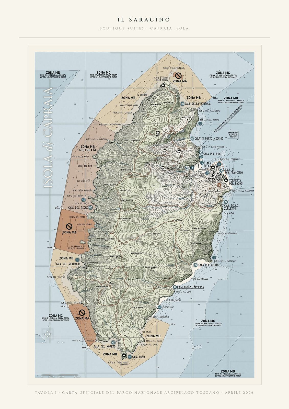 Mappa di Capraia con le zone del Parco a mare e le calette